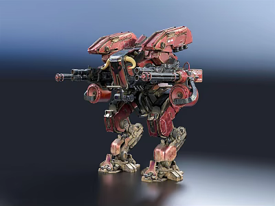Red Mechanical Mecha Character And Biomechanical Creature With Weapon Systems And Armored Exoskeleton 3d model