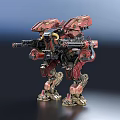 Red Mechanical Mecha Character And Biomechanical Creature With Weapon Systems And Armored Exoskeleton