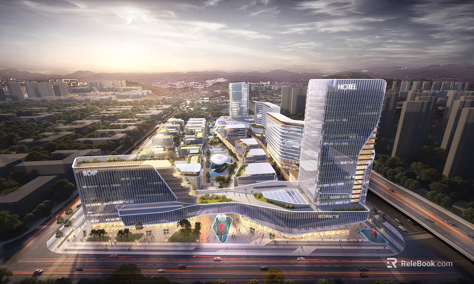 Modern Industrial Plant Complex With Glass Curtain Walls And Urban Green Landscapes 3d model 