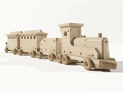 Wooden Building Blocks Toy Train With Carriages And Wheels For Kids Play 3d model