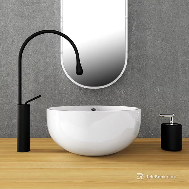 White Round Washbasin With Black Curved Faucet Soap Dispenser And Oval Mirror On Wooden Countertop 3d model 