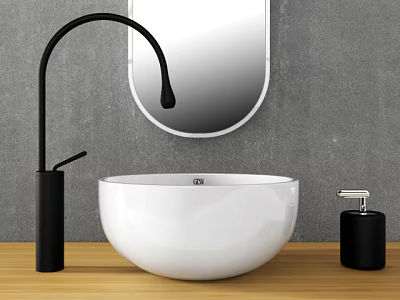 White Round Washbasin With Black Curved Faucet Soap Dispenser And Oval Mirror On Wooden Countertop 3d model