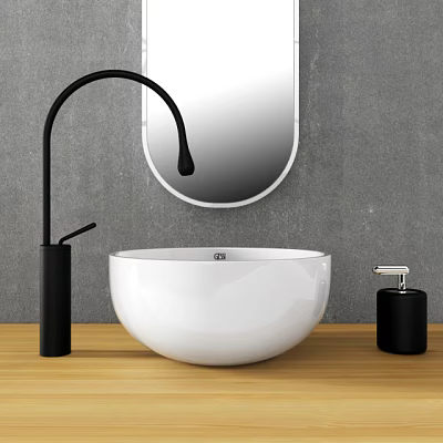 White Round Washbasin With Black Curved Faucet Soap Dispenser And Oval Mirror On Wooden Countertop 3d model