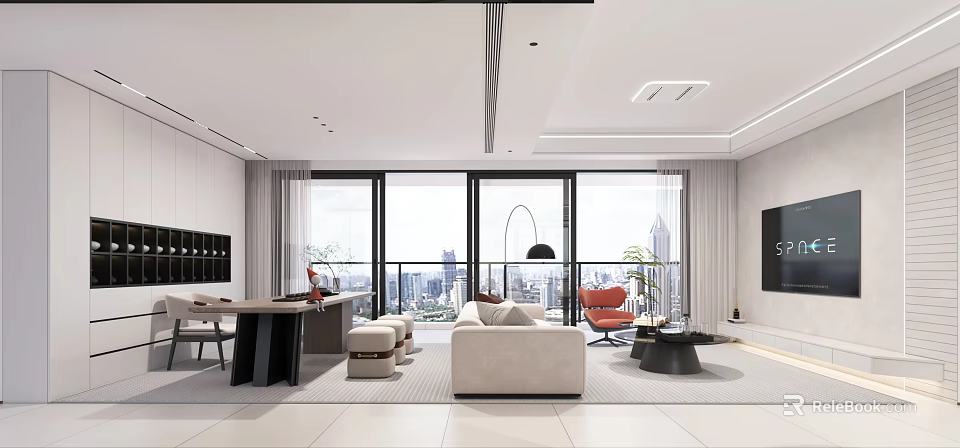 Modern Living and Dining Room Interior With Sofa Dining Table Large Windows And City View 3d model