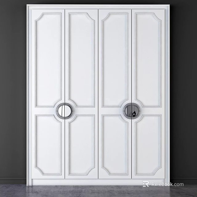 White Chest of Drawers with Double Doors and Round Handles Panel Design 3d model 