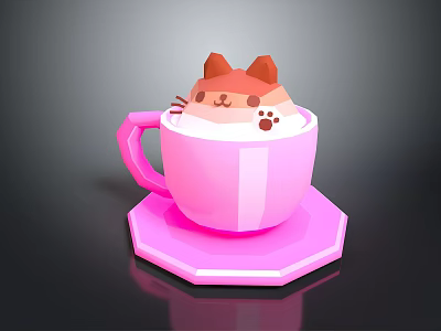 Cute Cartoon Cat Inside Pink Cup With Brown Ears And Blush On Hexagonal Coaster 3d model