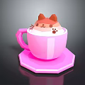 Cute Cartoon Cat Inside Pink Cup With Brown Ears And Blush On Hexagonal Coaster