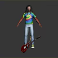 Long Haired Figure Wearing Tie Dye Shirt Light Blue Jeans Green Shoes With Red Guitar
