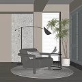 Black Single Sofa With Checkered Cushion Stone Wall Floor Lamp Green Plant And Window Blinds