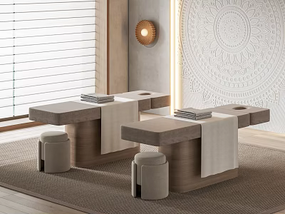 Modern Massage Bed With Wooden Frame Stools Towels And Decorative Wall In Bright Room 3d model