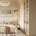Serene Bedroom Interior with Neutral Tones Chandelier Artwork Bed Rug Dressing Table and Window Curtains