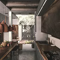 Industrial Modern Dining Living Room Interior With Concrete Floors Wooden Beams And Terracotta Pendant Lights
