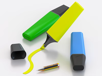 Yellow Green Blue Highlighters with Colored Pencil and Flowing Ink Design 3d model