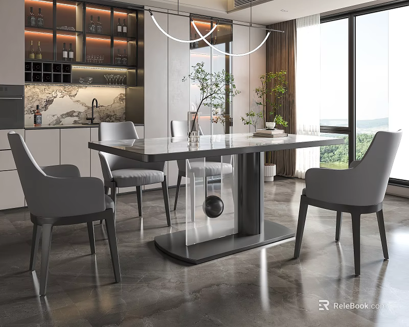 Modern Minimalist Dining Table Set With Gray Upholstered Chairs And Metal Frame 3d model 