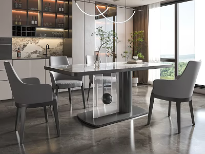 Modern Minimalist Dining Table Set With Gray Upholstered Chairs And Metal Frame 3d model