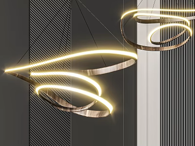 Modern Curved Illuminated Chandelier With Metal And Wooden Rings In Contemporary Interior 3d model