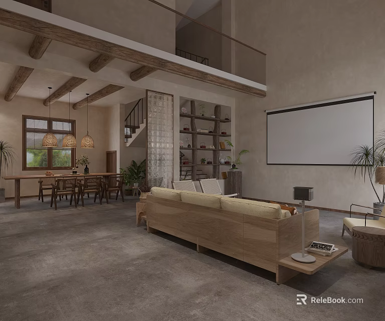 Rustic Modern Hotel Lobby With Wooden Beams Pendant Lights Sofa Bookshelves And Projection Screen 3d model 