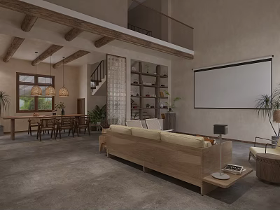Rustic Modern Hotel Lobby With Wooden Beams Pendant Lights Sofa Bookshelves And Projection Screen 3d model