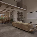 Rustic Modern Hotel Lobby With Wooden Beams Pendant Lights Sofa Bookshelves And Projection Screen
