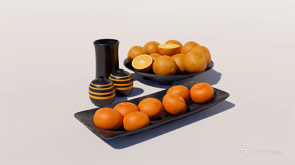 Fresh Oranges And Lemon Slices With Black And Yellow Striped Containers On Black Plates 3d model 