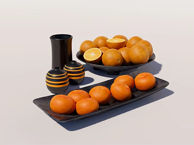Fresh Oranges And Lemon Slices With Black And Yellow Striped Containers On Black Plates 3d model