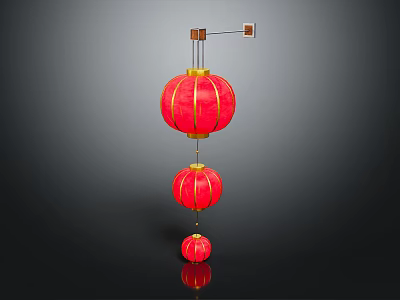 Hanging Red Decorative Lanterns Furniture With Golden Trim And Three Layers 3d model