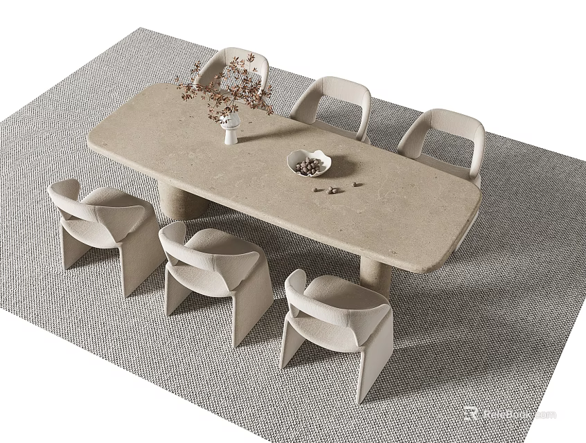 Modern Dining Table Set Featuring Light Colored Tabletop Minimalist Chairs Decorative Vase And Bowl 3d model 