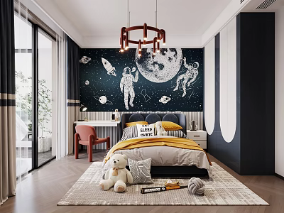 Space Theme Kids Room Interior With Moon Astronauts Stars Bed Desk Rug And Stuffed Toys 3d model