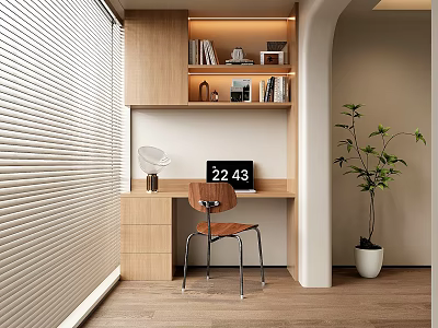 Minimalist Wooden Desk with Shelf Lighting Books Office Chair Window Blinds and Green Plant 3d model