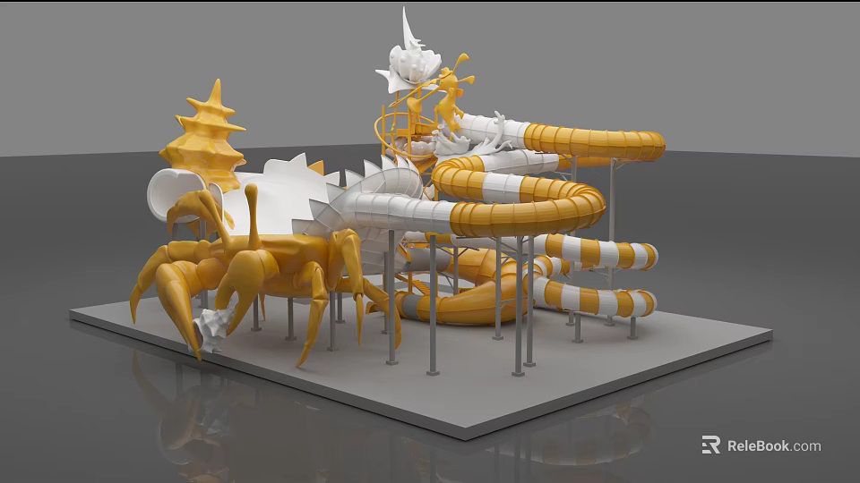 Colorful Children's Playground Equipment With Crab Shaped Structure And Yellow White Slides 3d model 