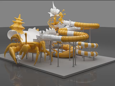 Colorful Children's Playground Equipment With Crab Shaped Structure And Yellow White Slides 3d model