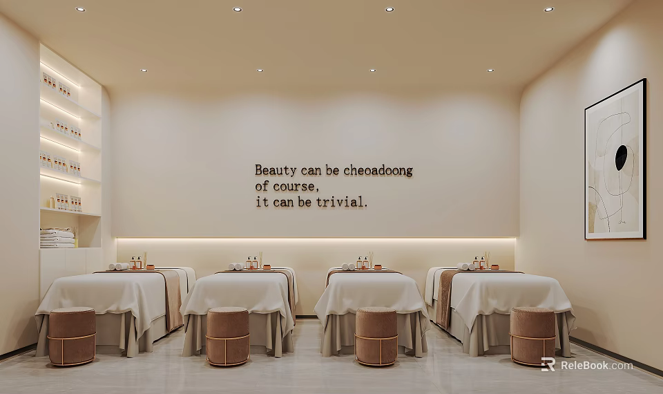 Hair And Beauty Salon Interior With Treatment Tables Wooden Stools And Product Shelves 3d model 