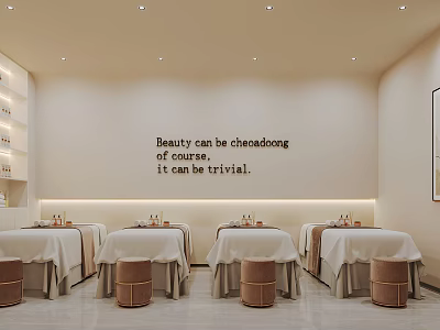 Hair And Beauty Salon Interior With Treatment Tables Wooden Stools And Product Shelves 3d model