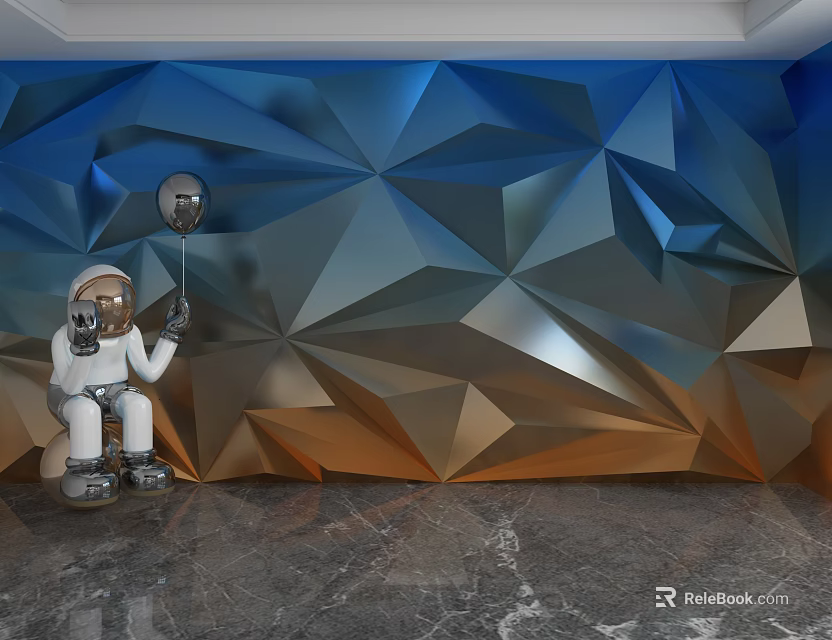Geometric Polygonal Blue And Orange Gradient Background Wall With White Astronaut Sculpture Holding Silver Balloon 3d model 