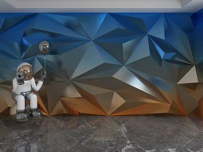 Geometric Polygonal Blue And Orange Gradient Background Wall With White Astronaut Sculpture Holding Silver Balloon 3d model