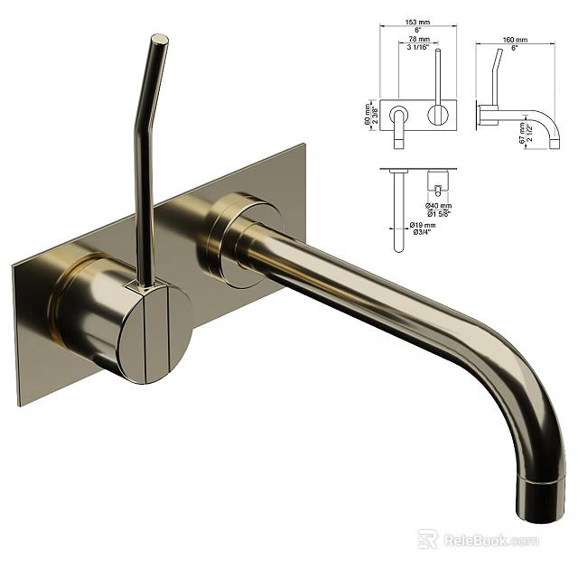 Modern Brushed Brass Kitchen Faucet With Installation Diagram And Dimensions Design 3d model 