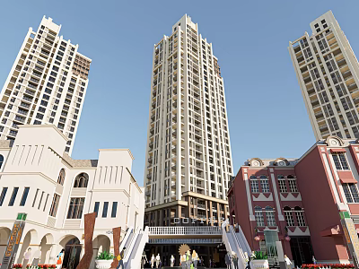 Modern Commercial Street With Tall Buildings Various Architectural Styles And Pedestrian Area 3d model