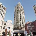 Modern Commercial Street With Tall Buildings Various Architectural Styles And Pedestrian Area