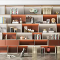 Modern Style Bookcase Interior With Layered Compartments Books Decorations And Sculptures