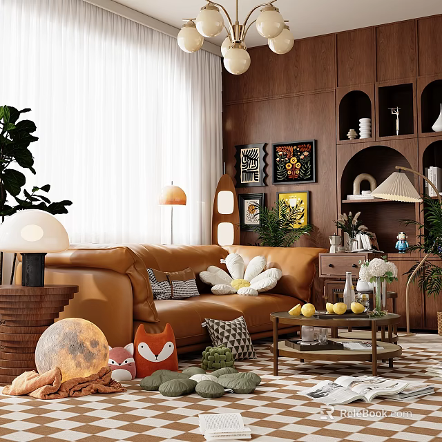 Cozy Living Room Interior With Brown Leather Sofa Wooden Shelves Artworks And Green Plants 3d model 