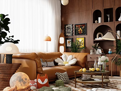 Cozy Living Room Interior With Brown Leather Sofa Wooden Shelves Artworks And Green Plants 3d model