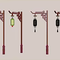 Chinese Style Wooden Lamp Post Furniture With Carvings And Beige Lanterns With Tassels