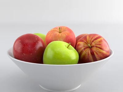 Fresh Colorful Apples in White Bowl Featuring Red Green and Striped Varieties 3d model