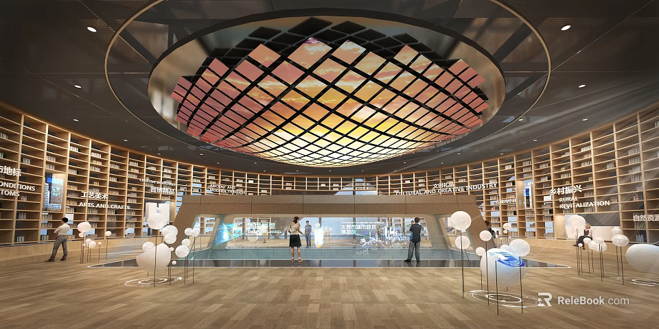 Book Art Themed Hall With Domed Ceiling And Bookshelves 3d model 