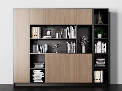 Modern Wooden Bookcase With Books Globe Vase Potted Plant And Decorative Items 3d model