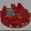 3D Pixel Art Scene With Red Blocks Gray Tower And White Rock Structures