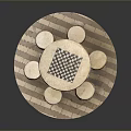 Round Dining Table With Checkerboard Top And Wooden Stools On Checkerboard Floor