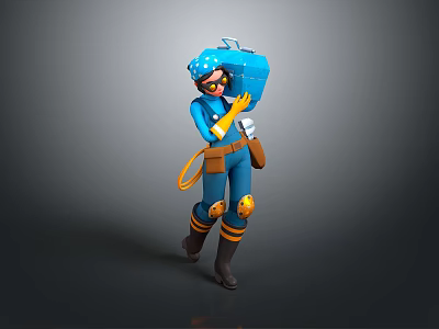 3D Character in Blue Uniform with Helmet Yellow Gloves Knee Pads Tool Belt and Equipment 3d model