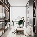Modern Walk-in Closet Interior Design With Glass Cabinets Mirror Green Chair And Storage Rug