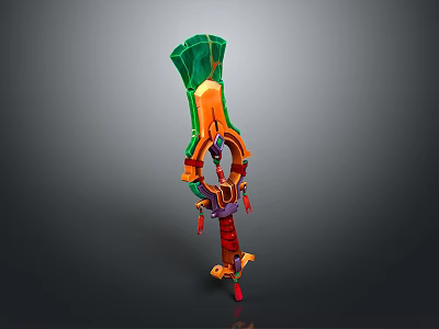 Vibrant Colored Fantasy Weapon With Unique Curved Design And Decorative Pendants 3d model